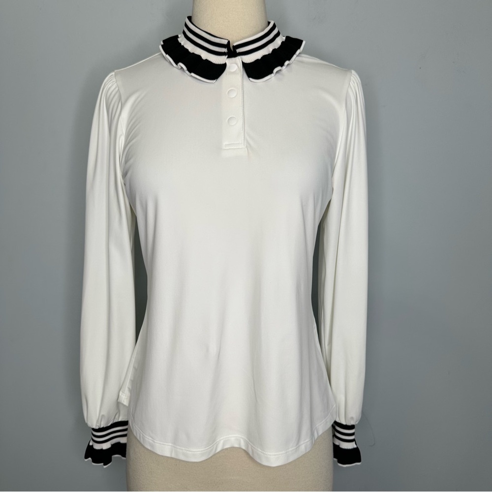 Nevermindall Women’s High End Luxury Golf Wear Contrast Ruffle Collar L/S Top M